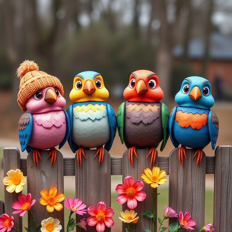 create a scene of 4 quirky  whimsical colourful comical birds each with a funny expression. they are sat on a wooden fence with colourful flowers. they are all different sizes. each one is a different colour  one is wearing a woolly hat. Each one has a different quirky google expression and there is a muted background of trees watercolour paintierly style high definition 8k resolution 3D paper mache