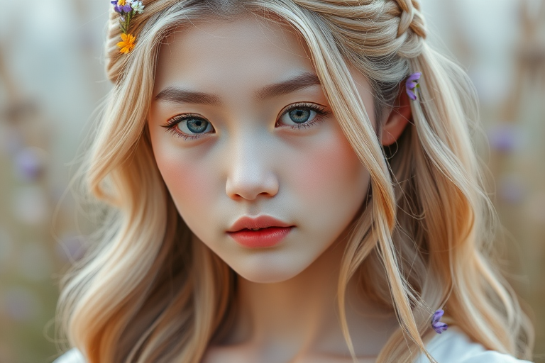 Create an image of a young Chinese woman with long, wavy blonde hair, adorned with small, colorful flowers woven into her braids and loose strands. Her complexion is fair, with soft, glowing skin, and she has light blue eyes that gaze softly at the viewer. She wears a light, flowing dress with a gentle, ethereal quality, complementing her delicate and serene appearance. The background is slightly blurred, drawing focus to her tranquil expression and the intricate details of the flowers in her hair. The overall mood of the image is one of natural beauty and grace, evoking a sense of peacefulness and connection with nature.