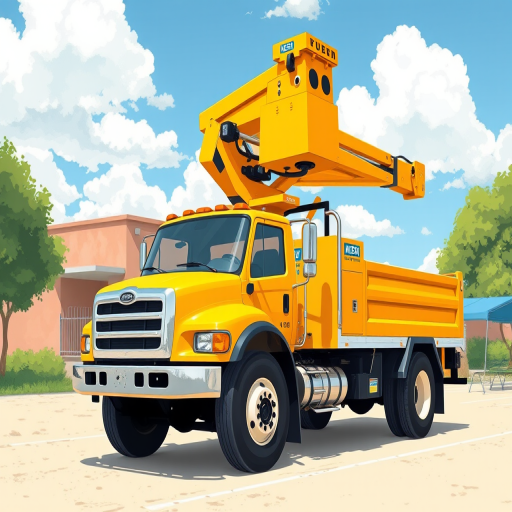 Create an illustration of a yellow cherry picker truck with a raised lifting arm on a bright sunny day, captured with a Canon EOS R5 camera, 50mm lens, f/8 aperture, ISO 100, with a shallow depth of field and vibrant colors for enhanced quality.