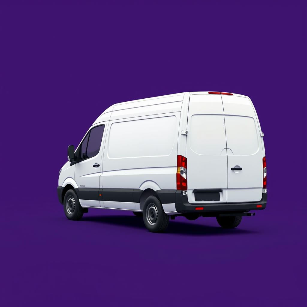 Generate a high-quality vector image of a white van viewed from the side on a deep purple background, using a DSLR camera with a 50mm lens, aperture set to f/4, ISO 100, and 1/200s shutter speed for enhanced clarity and detail.