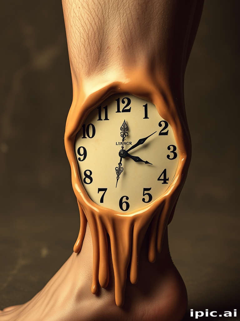 Surrealist melting clock design inspired by Salvador Dali, wrapping around calf muscle, distorted numbers and hands in muted sepia tones