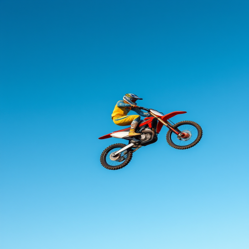Capture a high-flying motocross biker performing a trick against a clear blue sky using a Canon EOS R5 with a 24-70mm f/2.8 lens, aperture set to f/8 for sharpness, ISO 100 for clarity, shutter speed at 1/2000s to freeze motion, aerial view, and vibrant colors for enhanced image quality.
