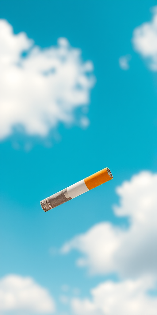 Create a realistic image of a cigarette floating in a bright blue sky filled with fluffy white clouds, captured with a DSLR camera using a 50mm lens, aperture set to f/2.8, shutter speed 1/2000s, ISO 100, and a shallow depth of field for enhanced focus on the cigarette.