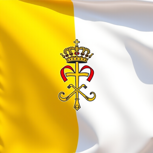 Generate an image of the Vatican City flag featuring a yellow panel on the left and a white panel on the right with the Pope's cross keys and tiara in the center, shot with a Canon EOS R5, aperture f/8, ISO 100, 50mm lens, natural lighting.