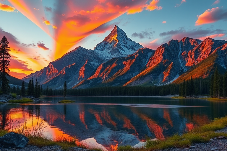 Create a detailed vector illustration of a majestic mountain landscape at sunrise, with vibrant colors reflecting on a serene lake in the foreground, using a Canon EOS R5 camera with a 24-70mm lens, aperture f/8, ISO 100, and a wide-angle view to capture depth and clarity.