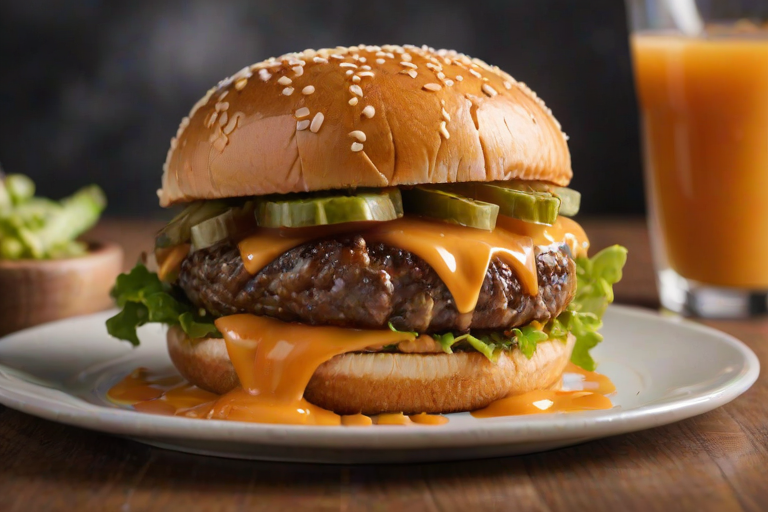 High-resolution, close-up image of a gourmet double cheeseburger. The burger features a glossy, sesame-seed-topped brioche bun. Inside, there are two thick, juicy beef patties, each topped with melted cheddar cheese. The burger is garnished with fresh lettuce, tomato slices, diced onions, and pickles. A generous amount of ketchup and a creamy, orange-colored sauce is dripping down the sides, adding to the mouth-watering appeal. In the background, there are blurred elements including a side of golden French fries and a hint of a beverage, enhancing the overall presentation of a delicious meal.