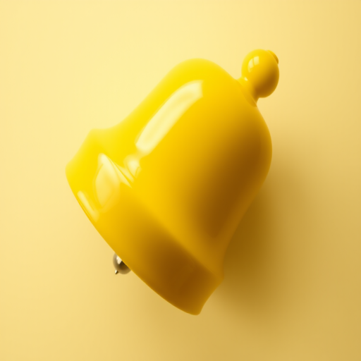 Create a high-resolution image of a yellow bell with a smooth, glossy finish, using a DSLR camera at f/2.8 aperture, ISO 100, 50mm focal length, taken from a slight overhead angle with soft lighting to enhance reflections and shadows.
