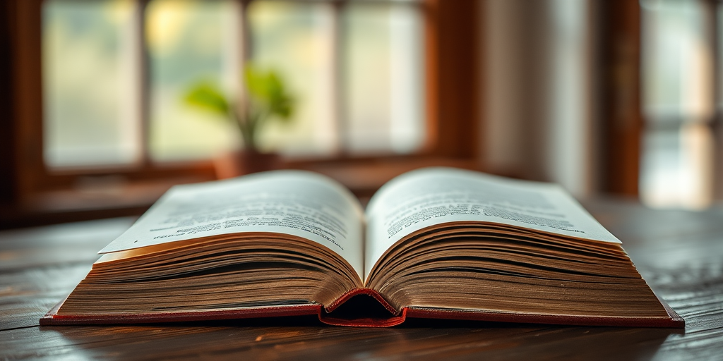 Create a high-resolution image of an open book on a wooden table, shot with a DSLR camera at f/2.8 aperture, ISO 100, 50mm lens, natural light from a window, shallow depth of field for a blurred background, and a soft focus style.