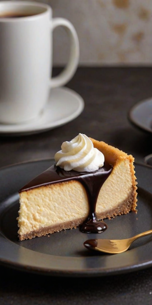 Create an image of a slice of cheesecake with a smooth chocolate ganache topping. The cheesecake should have a creamy texture and a golden crust, placed on a textured black plate. The setting should be minimalistic and elegant, highlighting the dessert's rich layers.