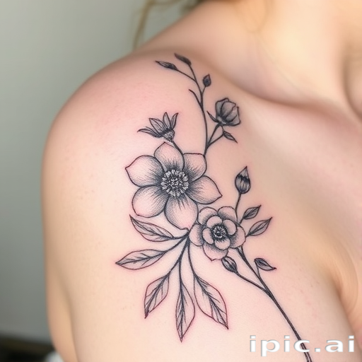 Fine line tattoo called "Delicate Botanicals" showcasing exquisitely detailed flowers and leaves with whisper-thin lines, creating a soft and feminine aesthetic