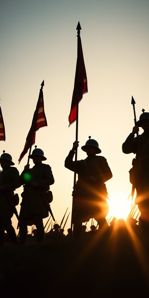 Create a high-detailed silhouette of a historical battle scene with soldiers holding flags and weapons, captured in a dramatic low-angle perspective, using a DSLR camera with a 50mm lens at f/1.8, ISO 100, and a shutter speed of 1/500s, in natural lighting to enhance contrast and depth.