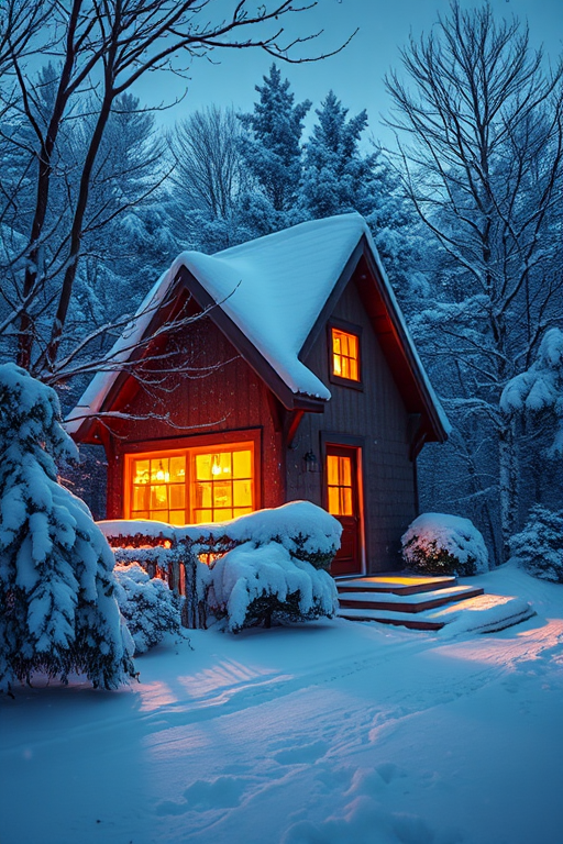 generate a snowy winter scene featuring a cozy cottage with glowing windows, surrounded by snow-covered trees, with falling snowflakes, captured with a DSLR camera at f/2.8, 50mm lens, ISO 100, 1/200 sec, at twilight to enhance warmth and detail in the lighting