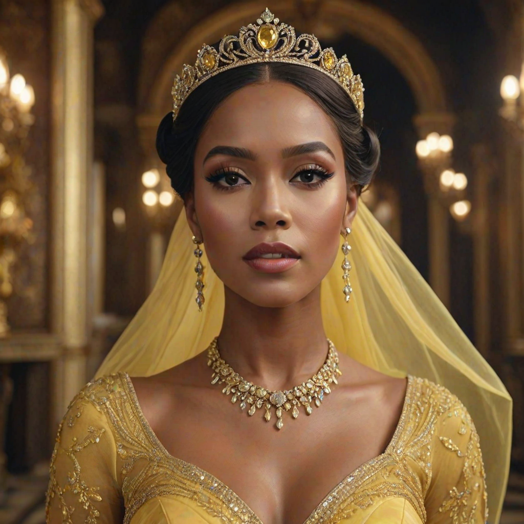 A gorgeous Zambo woman in a luxurious Yellow gown, accessorized with a dazzling tiara and statement earrings, her deep black eyes highlighted by impeccable makeup, poised in a royal setting, photorealistic, 8K quality