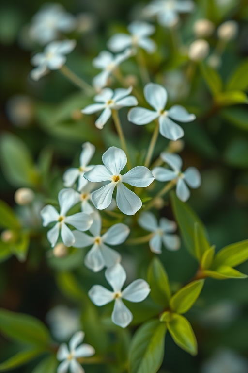 Generate a high-resolution image of white flowers with delicate petals surrounded by green leaves in a soft, dreamy background, using a DSLR camera with a 50mm lens at f/1.8, ISO 100, and a shallow depth of field for enhanced focus on the blooms.