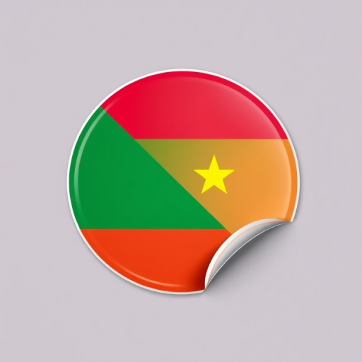 Create a high-resolution image of a round sticker featuring the flag of the Democratic Republic of the Congo, with a glossy finish and a slight curl at the edge, captured using a DSLR camera with a 50mm lens, f/2.8 aperture, ISO 100, and a soft box lighting setup for even illumination.