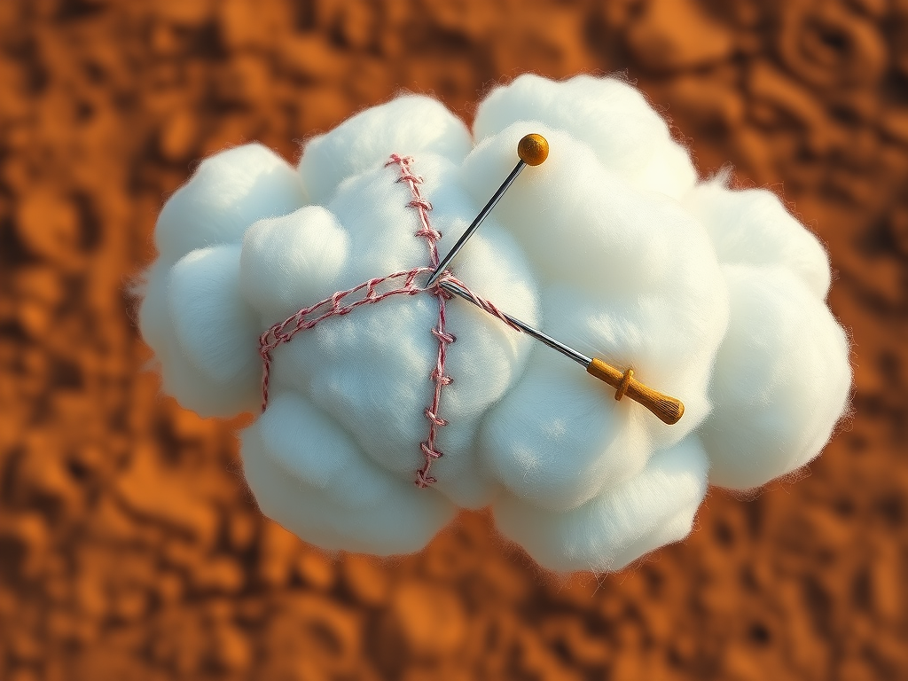 Create a digital illustration of a cloud with visible stitching and a needle, featuring a warm earthy background, using a wide-angle view, with soft focus and high dynamic range imaging at 24mm f/2.8, ISO 100.