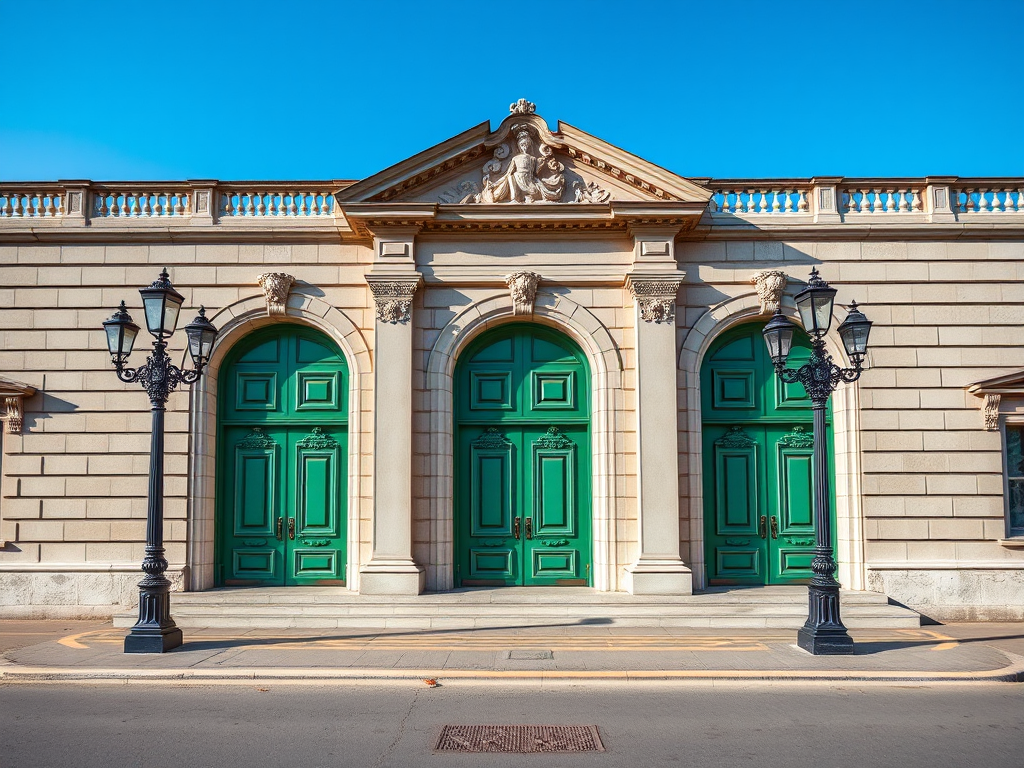 Regenerate an image of an elegant building facade with three large green doors, ornate stonework, and vintage lampposts in front, captured with a DSLR camera at f/8 aperture, ISO 100, 24mm lens, shot from a straight-on perspective in natural daylight to enhance sharpness and detail.