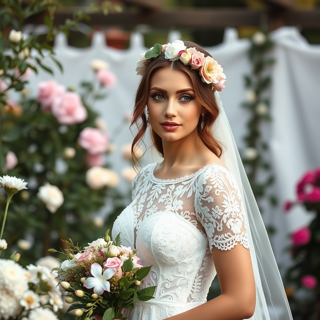 Garden scene, bridal model, delicate lace gown, floral headpiece, soft romantic focus, high-key lighting and an 85mm lens for soft, even tones that highlight the model’s face and bright outfit against a white or light background