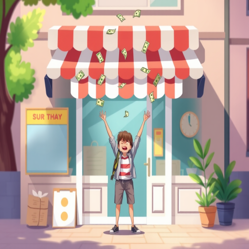 Create a vibrant illustration of a joyful person standing in front of a small shop with a striped awning, throwing money in the air, use a digital art style, with a soft focus effect to enhance depth, set the lighting to bright and cheerful, and simulate a DSLR camera view with a focal length of 50mm and aperture of f/2.8 to enhance image quality.