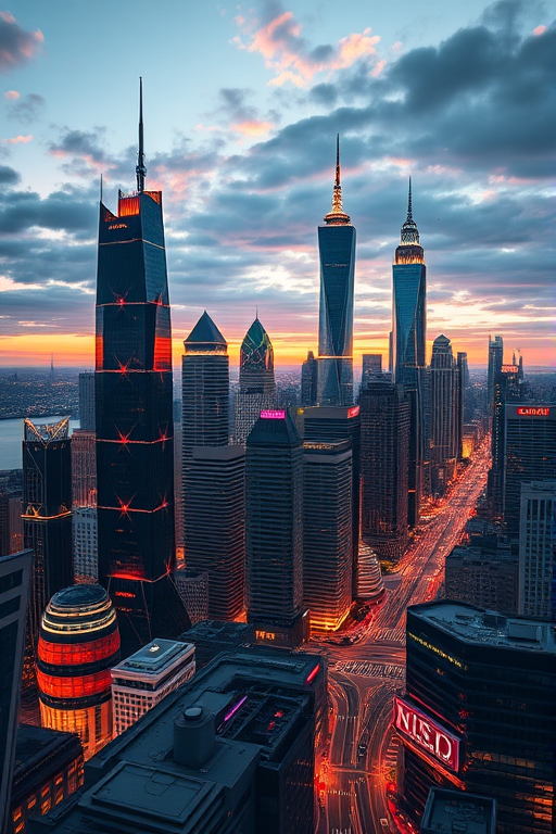 Generate a high-resolution image of a futuristic city skyline at dusk, using a Canon EOS R5 with an 85mm f/1.4 lens, aperture set to f/4, ISO 100, and a shutter speed of 1/125s, in a wide-angle view to capture the vibrant colors and intricate details of the architecture.