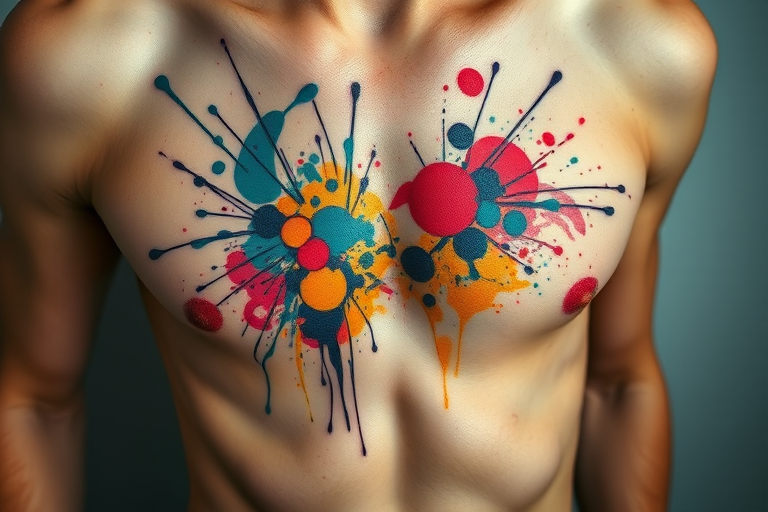 Abstract expressionist splatter tattoo across ribcage, dynamic bursts of color reminiscent of Jackson Pollock, energetic and spontaneous appearance