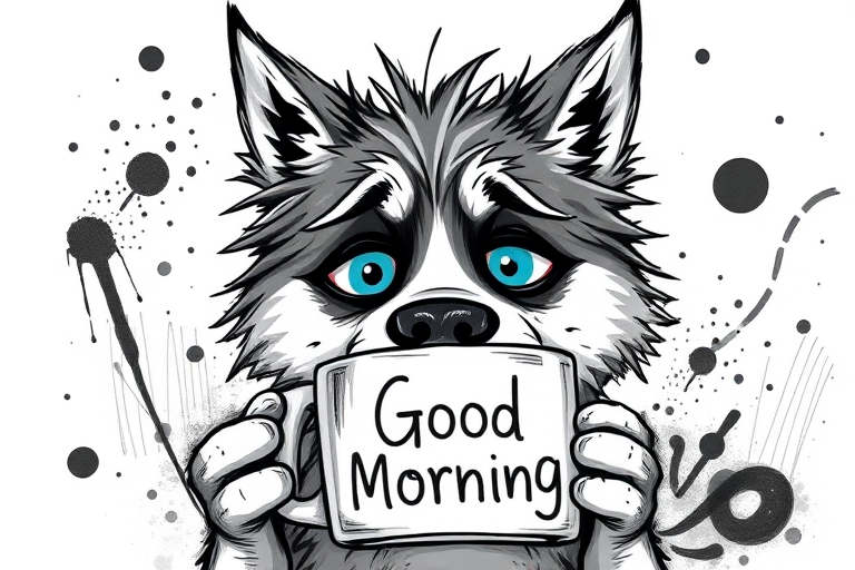 A quirky, artistic illustration of a disheveled alaskan irish setsky with exaggerated, large eyes and spiky fur, holding a coffee mug that reads "Good Morning". The dog has a tired but humorous expression, with ink splatters and abstract details surrounding it, giving a whimsical feel to the image. The color palette is mostly monochrome with hints of cyan in the eyes and steam rising from the mug, enhancing the overall sleepy vibe