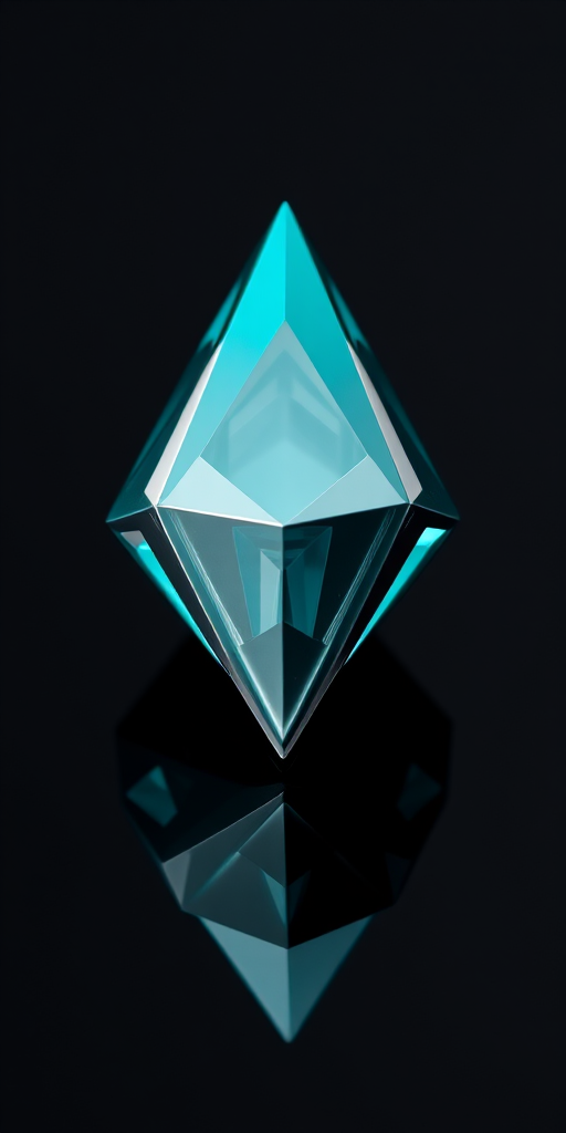 high-resolution image of a geometric diamond shape with turquoise and silver accents, black background, photographed with a DSLR camera, aperture f/2.8, ISO 100, 50mm lens, macro view, soft lighting to enhance reflections and details