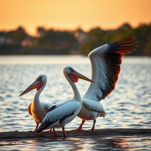 Capture a scene of two pelicans by a tranquil lake, focusing on their majestic wings spread wide, with a shallow depth of field and vibrant colors, using a Canon EOS 5D Mark IV, 70-200mm lens at f/4, ISO 200, 1/500s, natural light during golden hour.