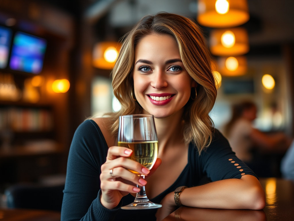 Portrait of a woman seated at a bar with a glass in hand, smiling, warm indoor lighting, depth of field, 50mm lens, f/1.8 aperture, ISO 200, natural light, soft focus background, shot on a DSLR camera.
