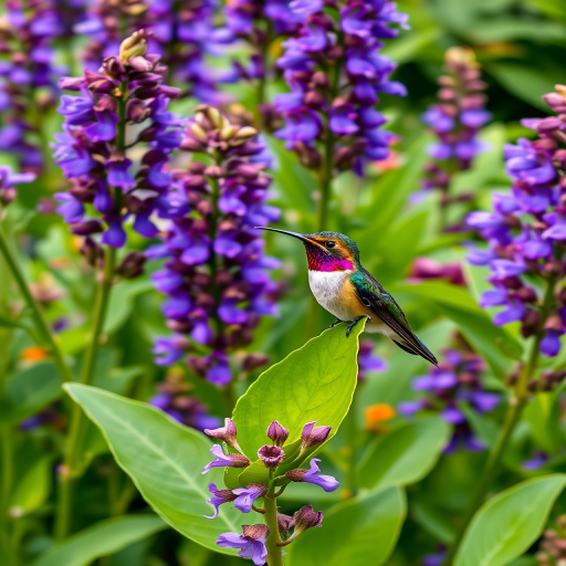 a vibrant hummingbird perched on a green leaf surrounded by colorful purple flowers in a lush garden setting