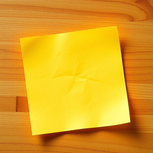 create an image of a sticky yellow note with a slightly wrinkled texture on a wooden desk background, captured with a Canon EOS 5D Mark IV, 50mm lens, f/2.8 aperture, ISO 100, and a soft natural light setting to enhance clarity and color vibrancy