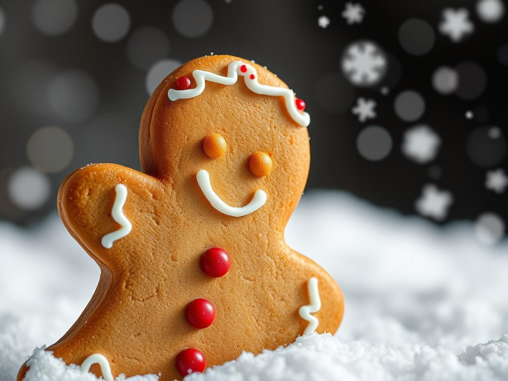 Create a close-up of a gingerbread man with a smiling face and decorative frosting, set against a snowy background with falling snowflakes, using a DSLR camera at f/2.8, ISO 100, 50mm lens, and soft diffused lighting for enhanced image quality.