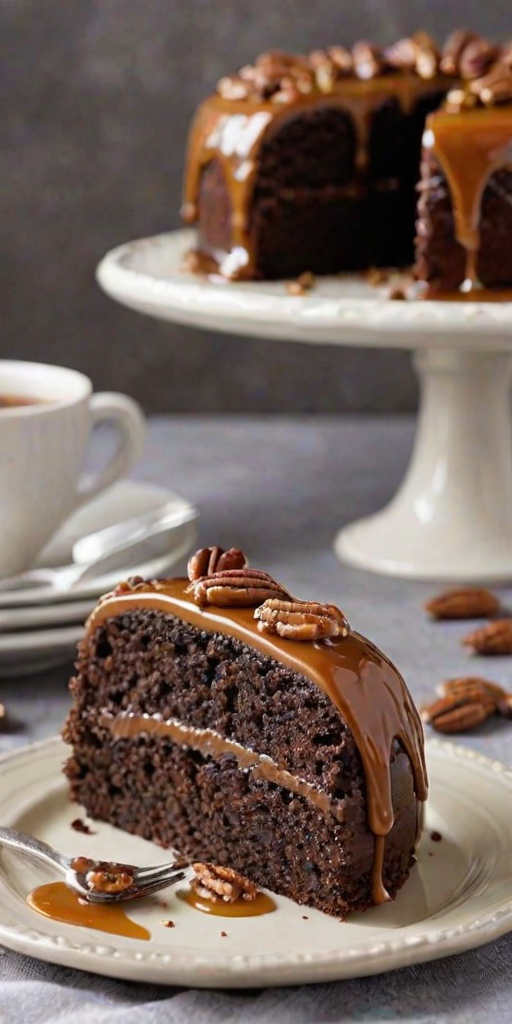 Create an image of a rich chocolate cake topped with a glossy caramel glaze and sprinkled with chopped pecans. The cake should be displayed on a silver cake stand, with a warm, inviting background that enhances its delicious appeal.