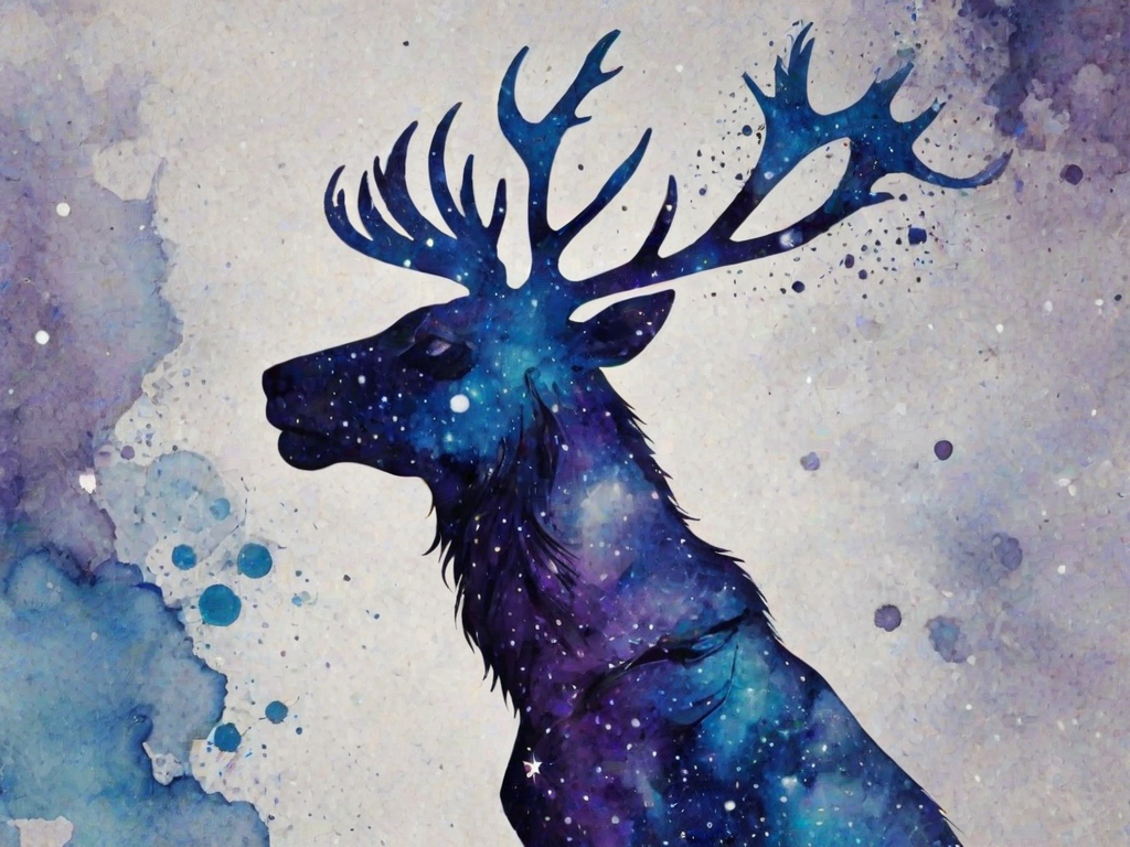Captivating conceptual render alcohol ink art, double exposure, the paint strokes artfully merge combining a woman's full silhouette with a Elegant elk's silhouette. The figures are composed of a series of colored dots, lines & spots that evoke the image of a cosmic galaxy, colors are deep shades of blue purple & black with flashes of white & silver representing distant stars. The woman's silhouette is formed within the lion's silhouette from constellations of scattered stars, surreal