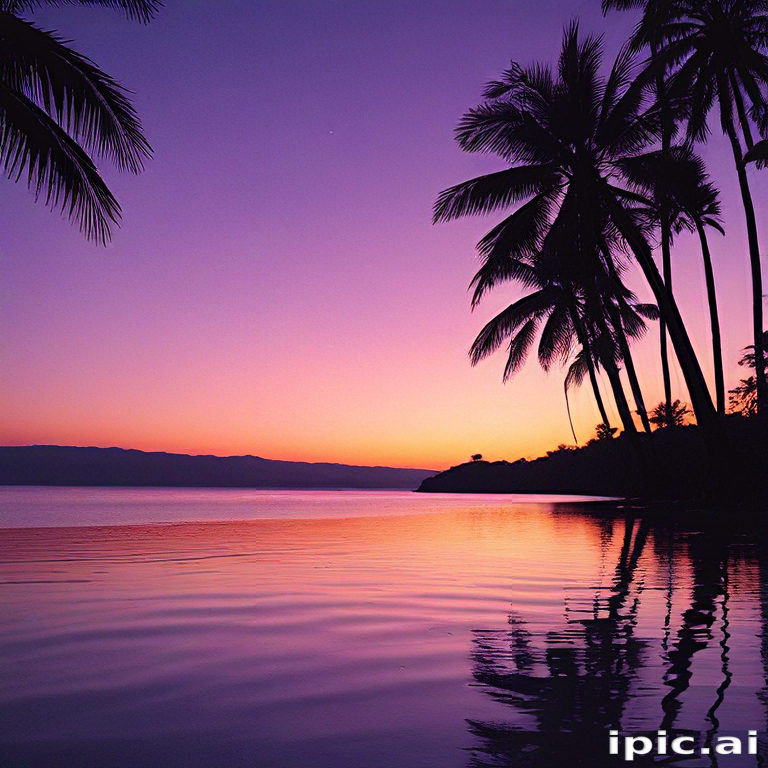 Tranquil Sunset Over Calm Waters Surrounded by Lush Palm Trees