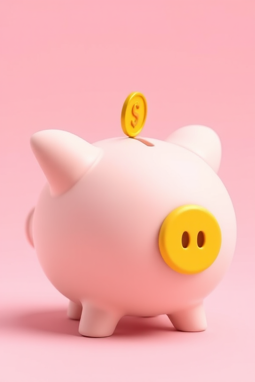 Create a digital illustration of a cute piggy bank with a round yellow coin slot on its back, set against a soft pink background, using a 50mm lens, f/2.8 aperture, 1/100s shutter speed, and a soft focus style.