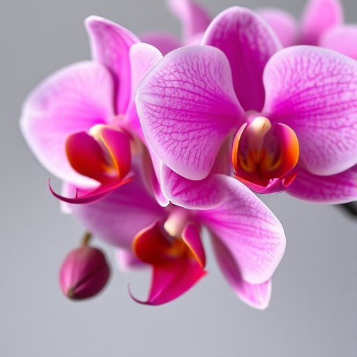 Close-up of pink orchids with intricate details against a soft gray background, shot with a DSLR camera, 100mm macro lens, f/2.8 aperture, ISO 100, 1/125 sec shutter speed, natural lighting for enhanced texture and color vibrancy.