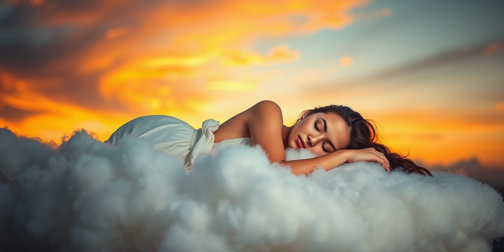 Generate an image of a serene woman sleeping on a fluffy cloud bed against a sunset sky, captured with a Canon EOS R5, 50mm f/1.2 lens, f/2.8 aperture, ISO 100, soft golden hour lighting, and a dreamy, cinematic composition.