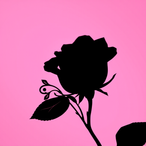 Create a high-resolution image of a stylized, ornate black silhouette of a rose on a soft pink background, shot with a DSLR camera at aperture f/2.8, shutter speed 1/100s, ISO 100, utilizing a macro lens for shallow depth of field and vibrant color contrast.