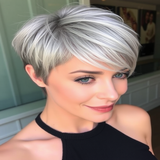 Sleek silver fox pixie cut with feathered bangs, emphasizing natural gray tones and incorporating subtle platinum highlights for a chic, age-defying style