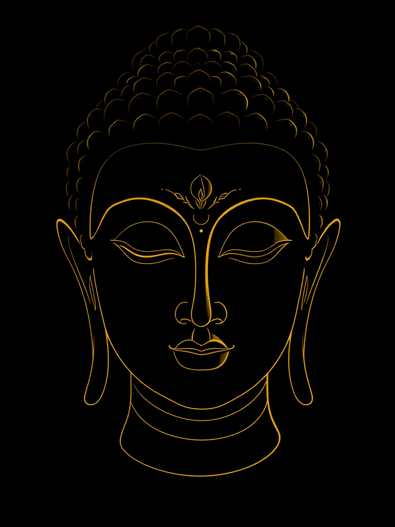 Create a high-resolution digital illustration of a serene Buddha face with intricate gold line work on a solid black background, using a Canon EOS R5 camera, 85mm lens, f/1.8 aperture, and natural soft lighting to enhance the details and elegance of the design.