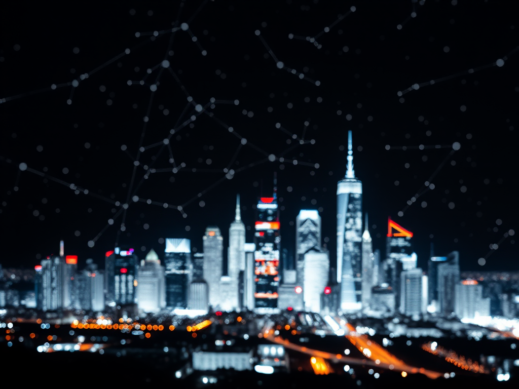 Create an abstract image of glowing white pixels on a black background resembling a city skyline at night, shot with a DSLR camera, aperture f/1.8, ISO 100, shutter speed 1/125s, in a wide-angle view to enhance depth and clarity.