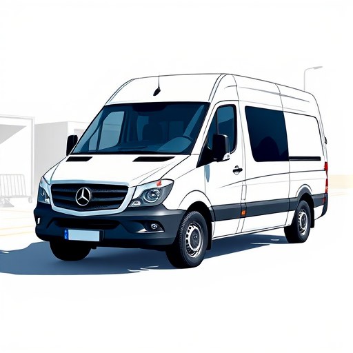 Create a high-resolution digital illustration of a modern delivery van, captured from a three-quarter front view, using a DSLR camera with a 35mm lens, aperture set to f/8 for a sharp foreground and background, ISO 100 for optimal clarity, and a slight vignette effect to enhance focus on the van.