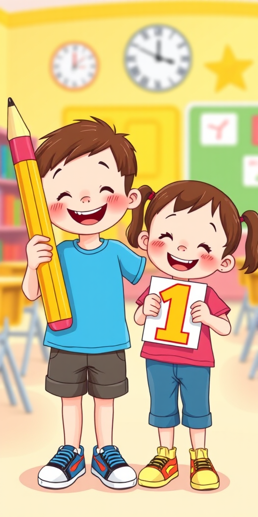 Create an illustration of two cheerful children, one holding a large yellow pencil and the other holding a number one sign, in a brightly colored classroom setting, using a Canon EOS R5 with a 50mm f/1.2 lens, aperture at f/2.8, ISO 100, shot in portrait orientation for optimal detail and clarity.