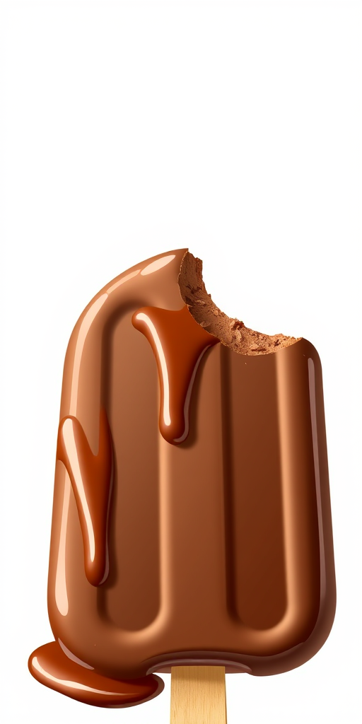 Generate an illustration of a chocolate ice cream bar with a bite taken out, featuring a glossy texture, wooden stick, and dripping chocolate, captured with a DSLR camera at f/2.8, 50mm lens, ISO 100, in natural lighting for enhanced detail and color vibrancy.