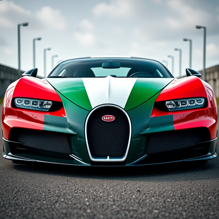 create a hyper-realistic image of a Bugatti sports car adorned with a unique red, white, and green paint scheme representing the Italian flag, captured from a low-angle front view using a DSLR camera with an aperture of f/2.8, ISO 100, and a shutter speed of 1/200s for enhanced detail and clarity.