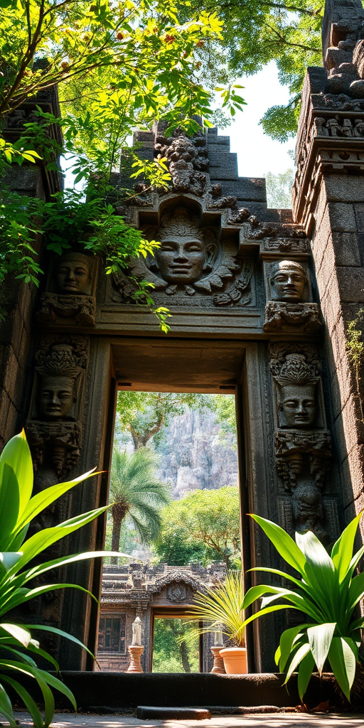 high-resolution image of an ancient stone gateway with intricate carvings and faces amidst lush greenery, captured from a low angle with a 24mm lens, f/8 aperture, ISO 200, using a DSLR camera in vibrant daylight for enhanced detail and clarity
