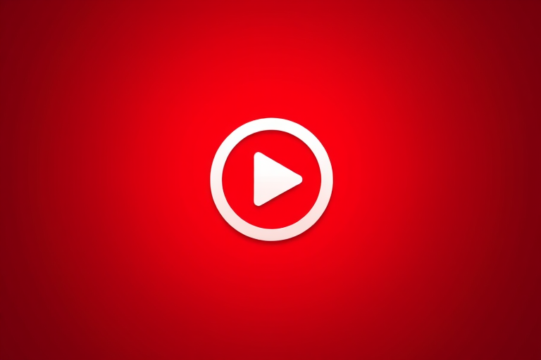 Create a high-resolution image of a red background with a centered white play button, using a DSLR camera, aperture f/2.8, ISO 100, 50mm lens, top-down view for clarity and detail.