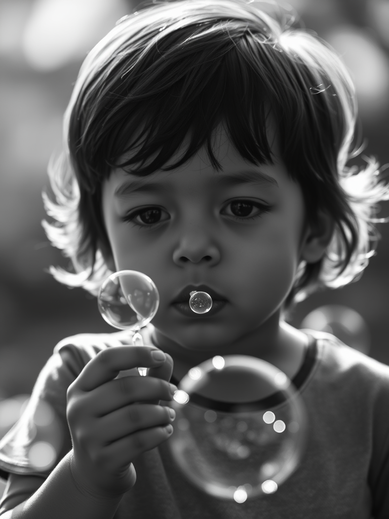 Capture a high-contrast black and white image of a child blowing bubbles, featuring a soft, diffused background with sparkling bubble highlights, using a Canon EOS R5, 50mm f/1.2 lens, aperture set to f/2.8, shutter speed 1/125s, ISO 200, in backlighting for dramatic effect.
