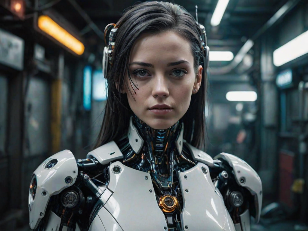 portrait of a female robot, in a cyberpunk environnement, she has a robot body
